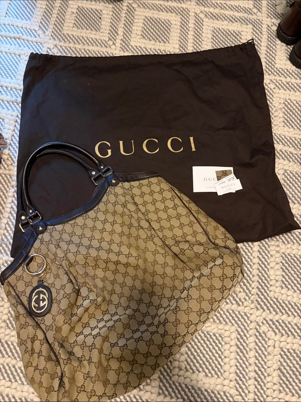Gucci Beige and Black GG Canvas Tote with Leather Trim